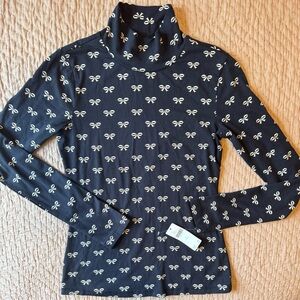 NWT Maeve Anthropologie Printed Long-Sleeve Turtleneck Top, Black & Cream Bows